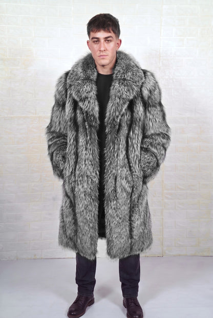 fox fur coat men natural silver front view showing natural silver fox, black base with silver-white tips fox fur and long silhouette — Greek craftsmanship, TatiFurs