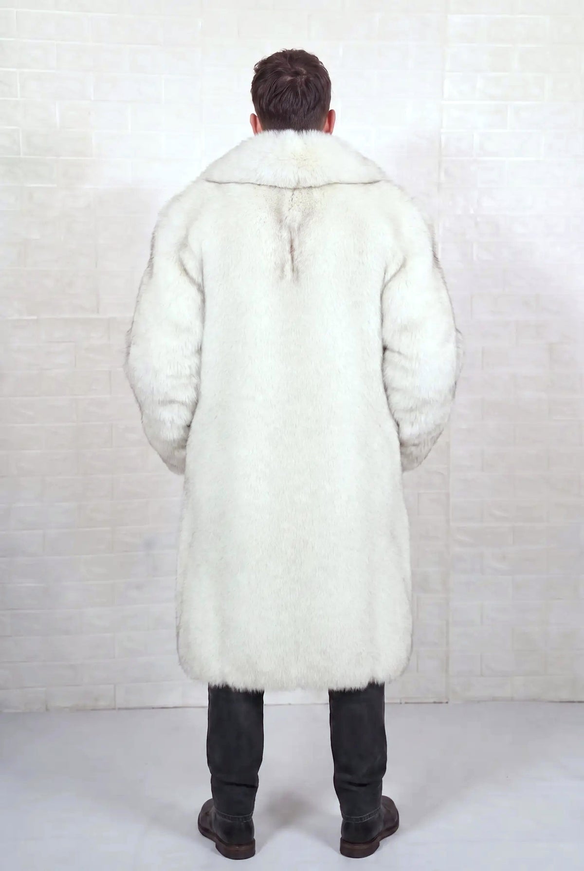 fox fur coat men blue natural shown from the back displaying full long silhouette and consistent natural blue fox, ivory-white underfur with a soft blue-grey veil at the tips pile — Greek craftsmanship, TatiFurs