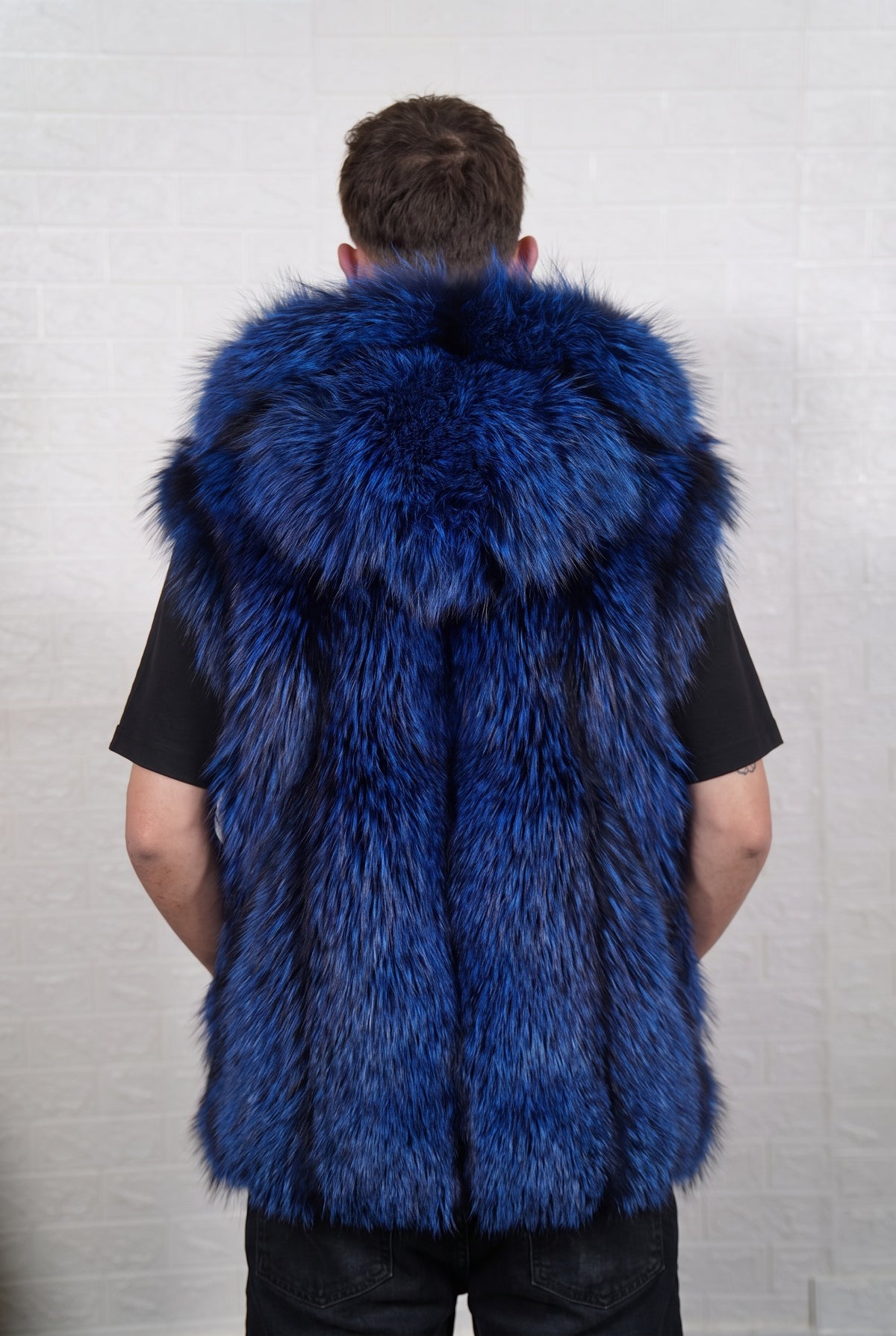 fox fur vest men blue black shown from the back displaying full mid-length silhouette and consistent electric blue over jet black pile — Greek craftsmanship, TatiFurs
