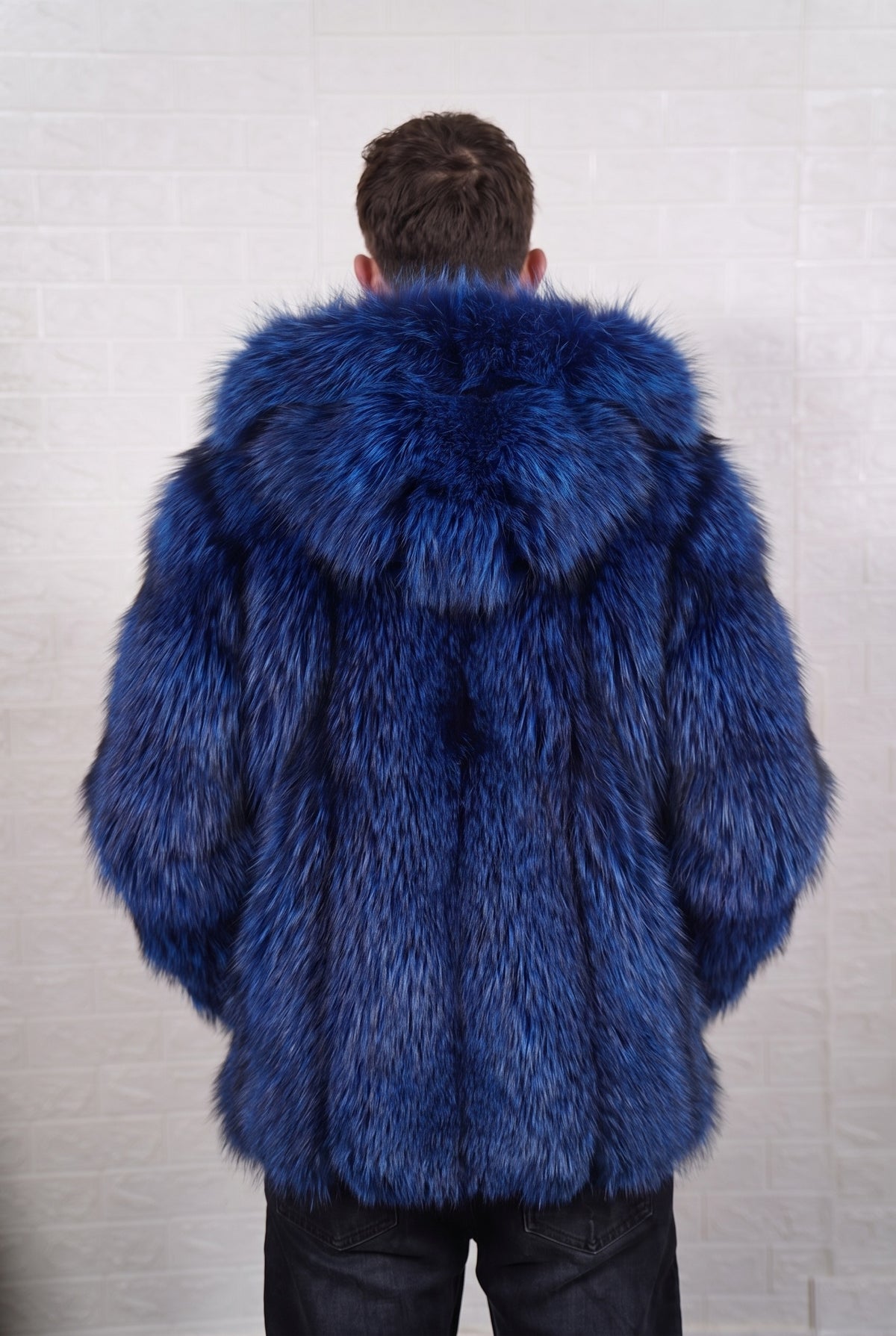 fox fur jacket men blue black shown from the back displaying full mid-length silhouette and consistent electric blue over jet black pile — Greek craftsmanship, TatiFurs