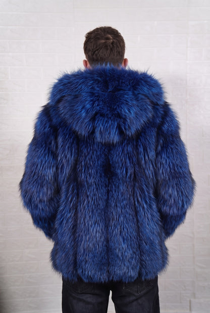 fox fur jacket men blue black shown from the back displaying full mid-length silhouette and consistent electric blue over jet black pile — Greek craftsmanship, TatiFurs