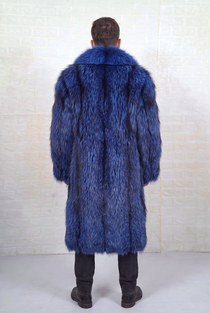 fox fur coat men blue black shown from the back displaying full long silhouette and consistent electric blue over jet black pile — Greek craftsmanship, TatiFurs