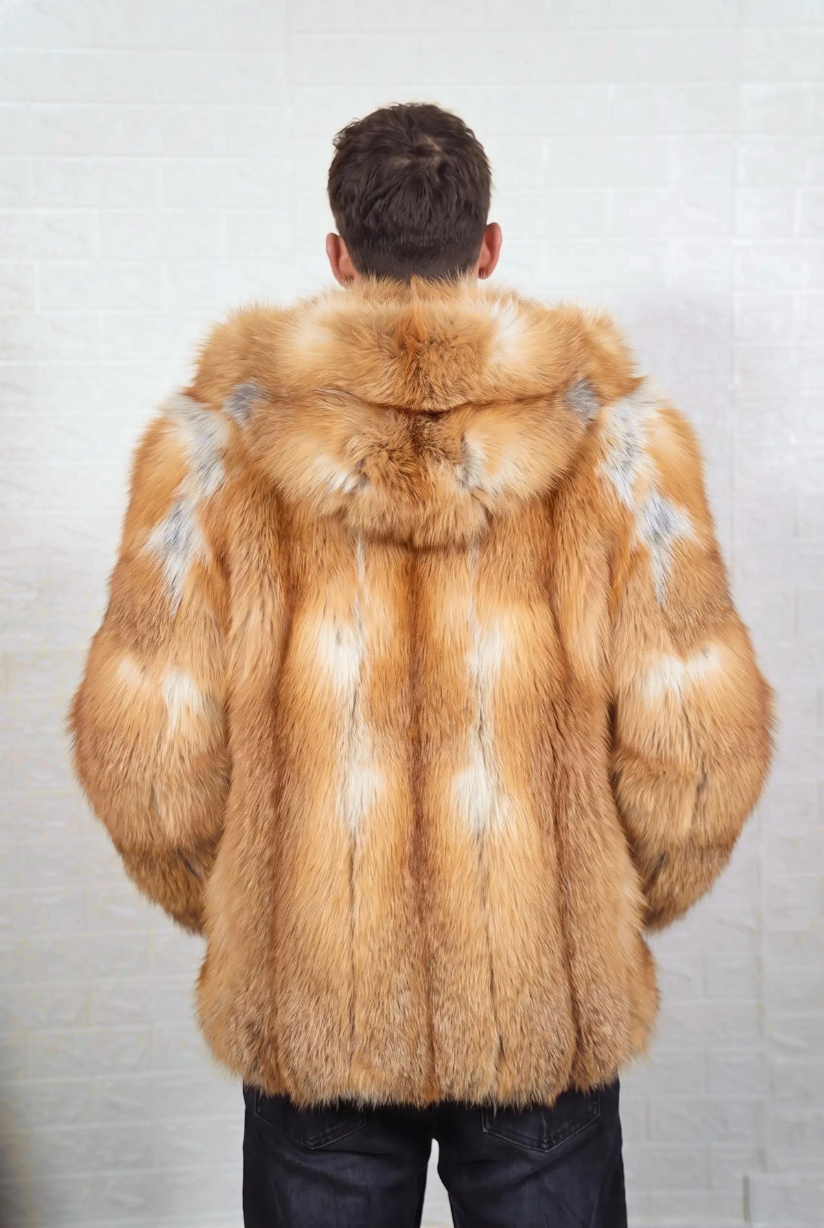 fox fur jacket men natural golden shown from the back displaying full mid-length silhouette and consistent natural golden fox, warm amber-gold with cream and pale silver highlights pile — Greek craftsmanship, TatiFurs