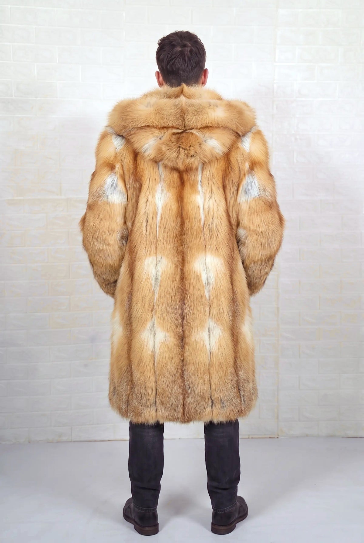 fox fur coat men natural golden shown from the back displaying full long silhouette, fur hood and consistent natural golden fox, warm amber-gold with cream and pale silver highlights pile — Greek craftsmanship, TatiFurs