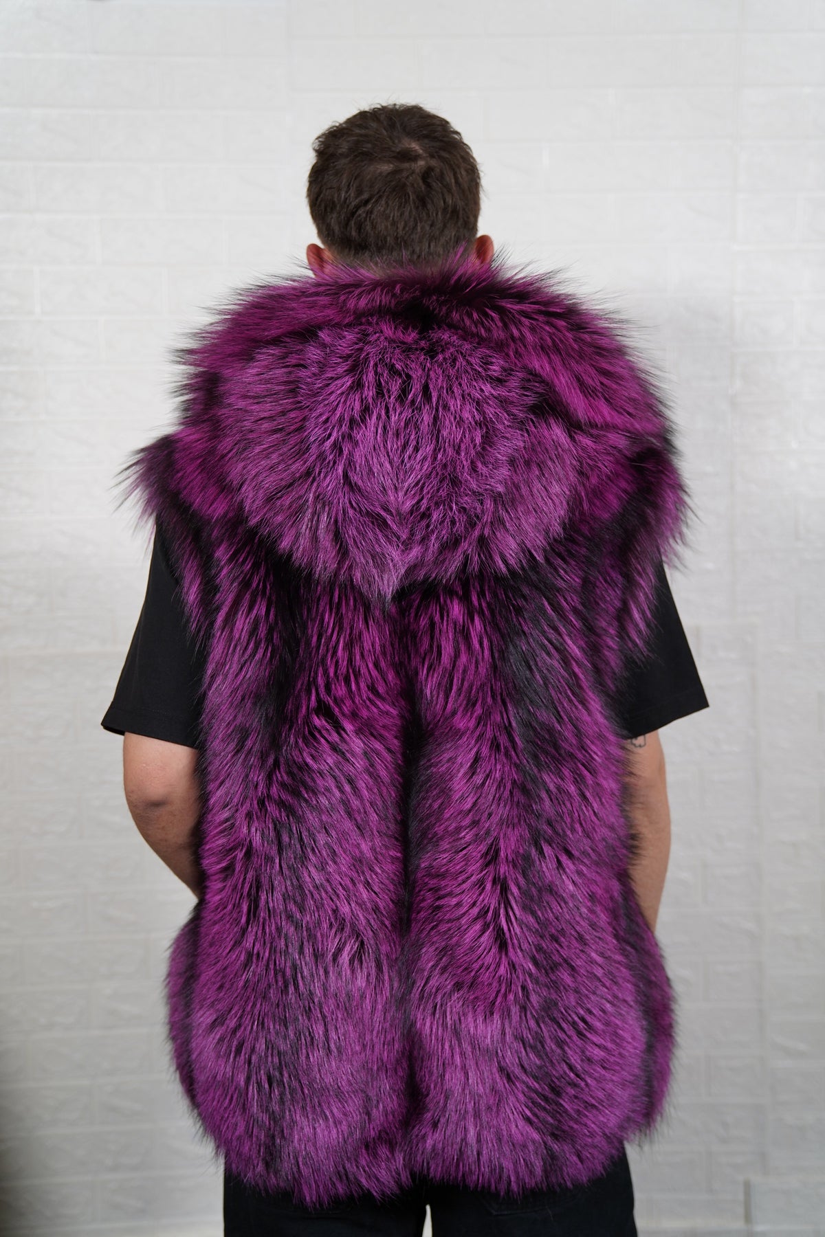 fox fur vest men purple black shown from the back displaying full mid-length silhouette and consistent deep violet over jet black pile — Greek craftsmanship, TatiFurs
