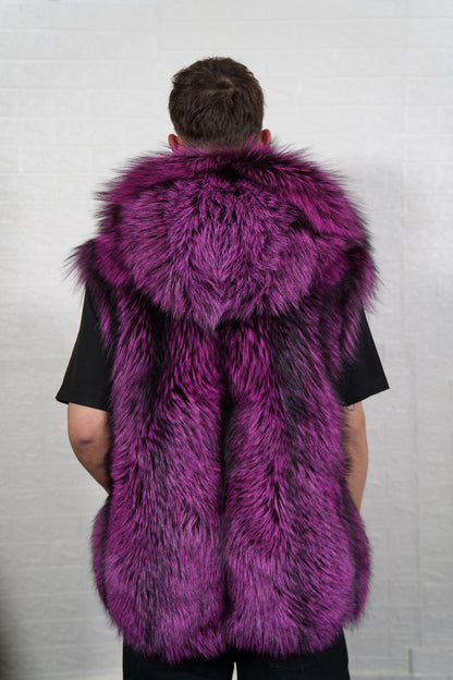fox fur vest men purple black shown from the back displaying full mid-length silhouette and consistent deep violet over jet black pile — Greek craftsmanship, TatiFurs