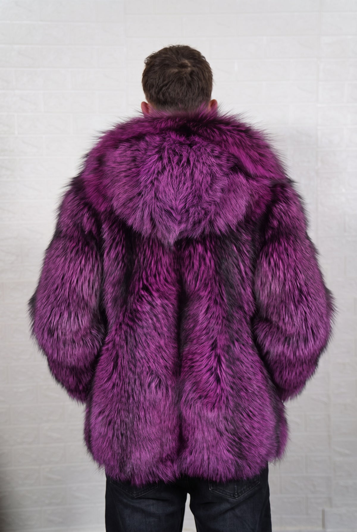 fox fur jacket men purple black shown from the back displaying full mid-length silhouette and consistent deep violet over jet black pile — Greek craftsmanship, TatiFurs