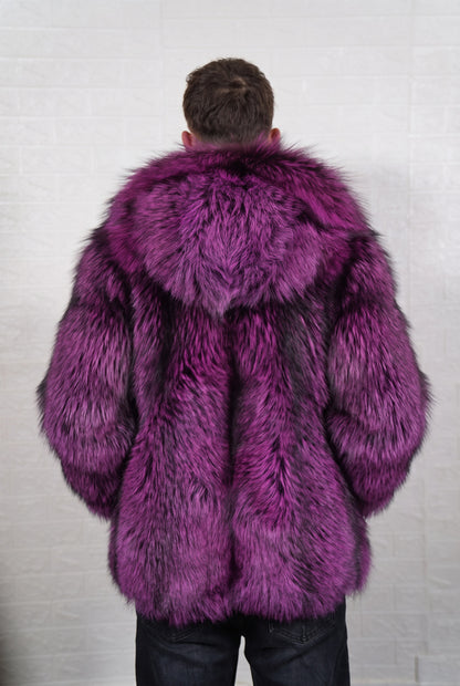 fox fur jacket men purple black shown from the back displaying full mid-length silhouette and consistent deep violet over jet black pile — Greek craftsmanship, TatiFurs