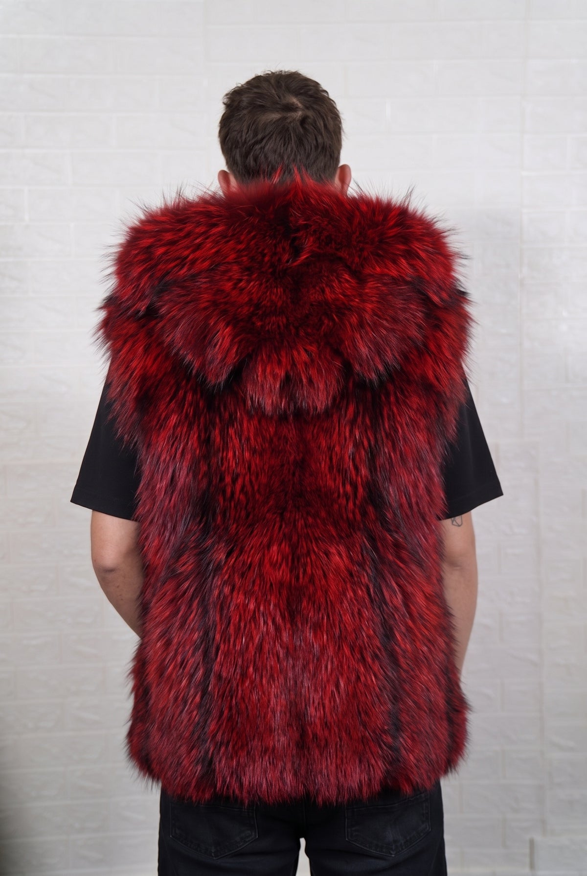 fox fur vest men red black shown from the back displaying full mid-length silhouette and consistent deep crimson over jet black pile — Greek craftsmanship, TatiFurs