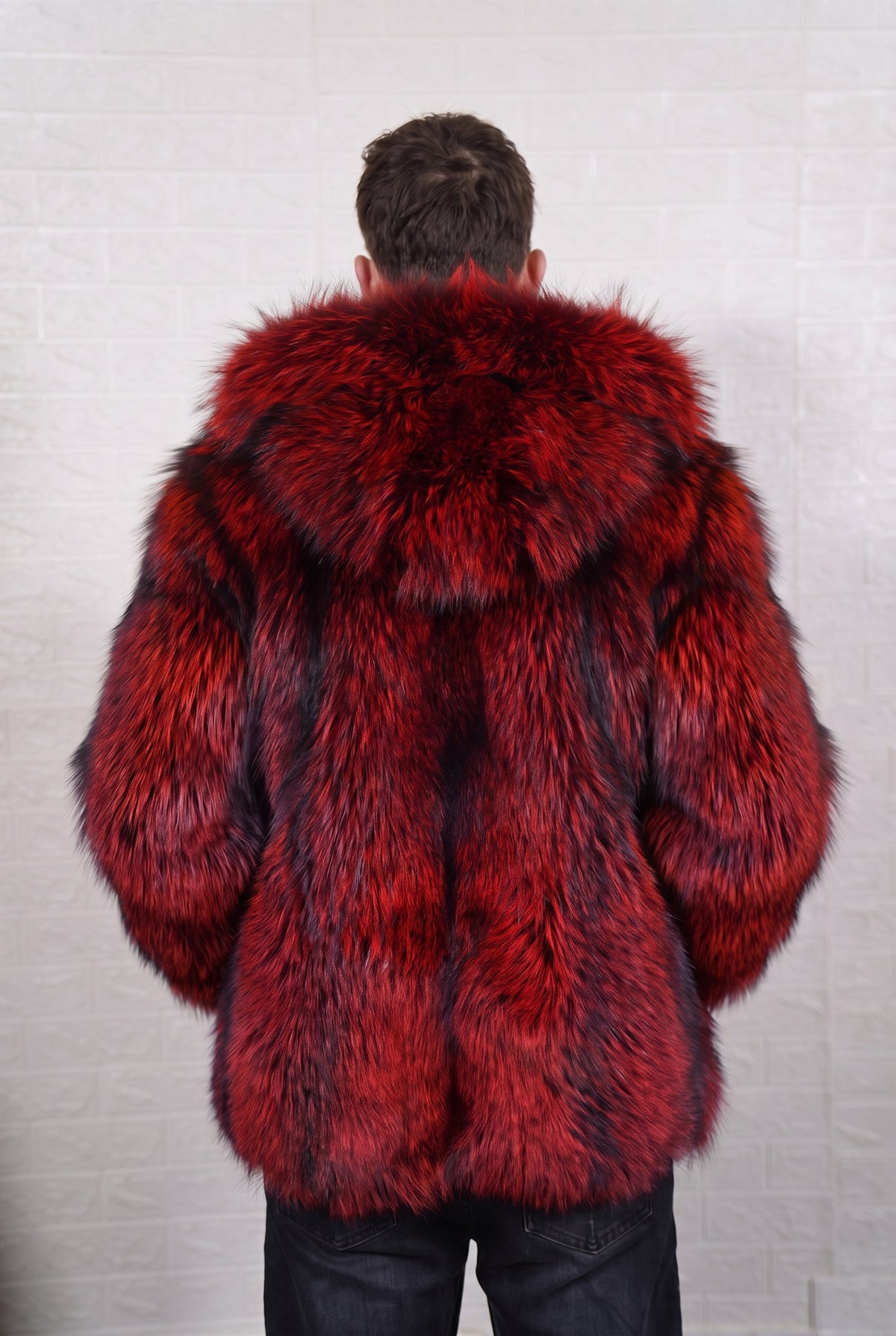 fox fur jacket men red black shown from the back displaying full mid-length silhouette and consistent deep crimson over jet black pile — Greek craftsmanship, TatiFurs