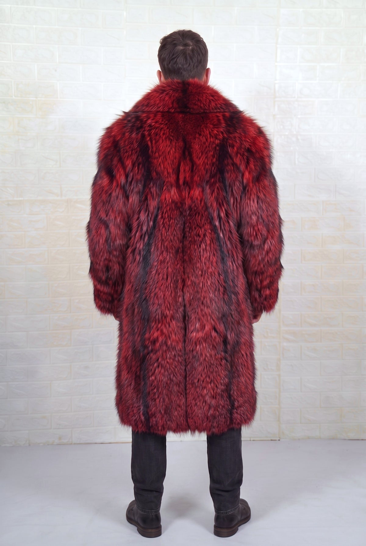 fox fur coat men red black shown from the back displaying full long silhouette and consistent deep crimson over jet black pile — Greek craftsmanship, TatiFurs