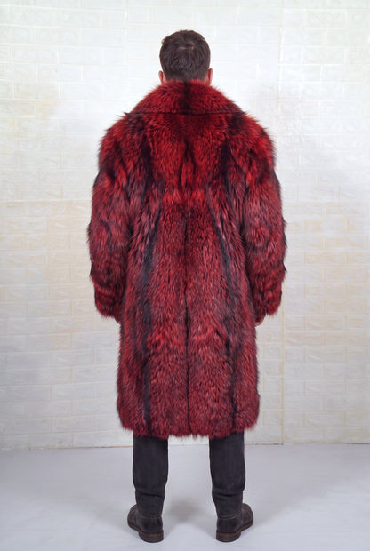 fox fur coat men red black shown from the back displaying full long silhouette and consistent deep crimson over jet black pile — Greek craftsmanship, TatiFurs