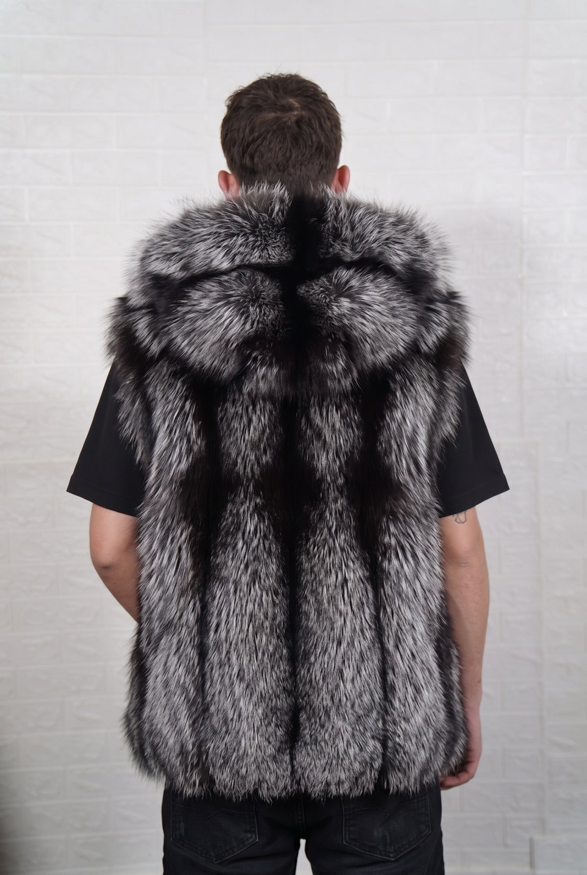 fox fur vest men natural silver shown from the back displaying full mid-length silhouette and consistent natural silver fox, black base with silver-white tips pile — Greek craftsmanship, TatiFurs