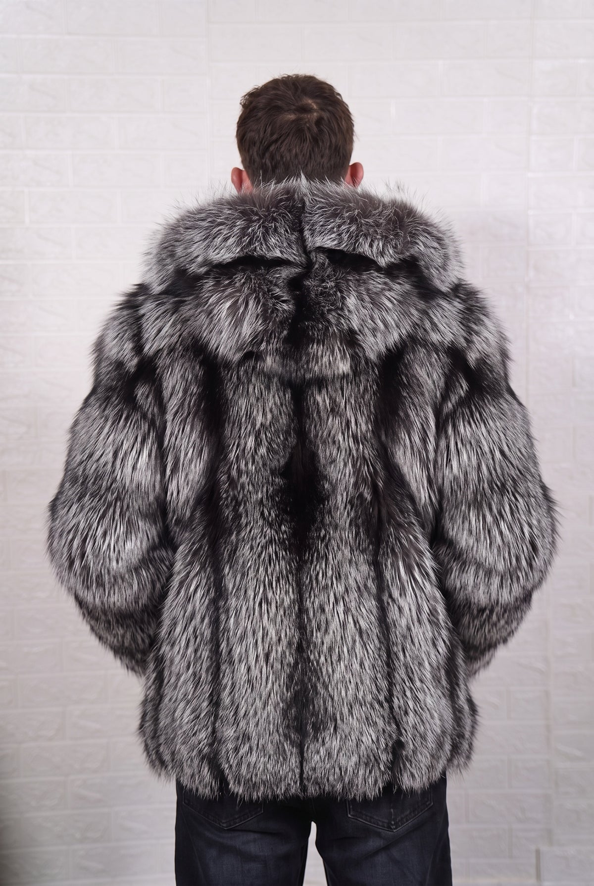 fox fur jacket men natural silver shown from the back displaying full mid-length silhouette and consistent natural silver fox, black base with silver-white tips pile — Greek craftsmanship, TatiFurs