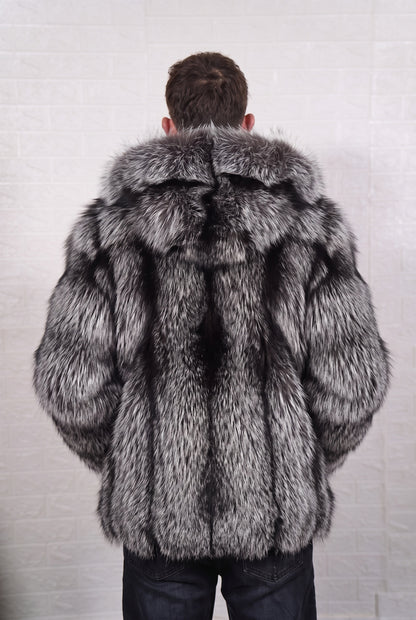 fox fur jacket men natural silver shown from the back displaying full mid-length silhouette and consistent natural silver fox, black base with silver-white tips pile — Greek craftsmanship, TatiFurs