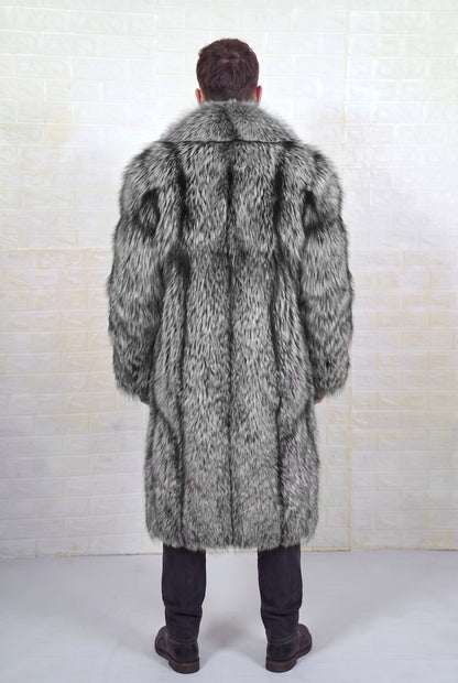 fox fur coat men natural silver shown from the back displaying full long silhouette and consistent natural silver fox, black base with silver-white tips pile — Greek craftsmanship, TatiFurs