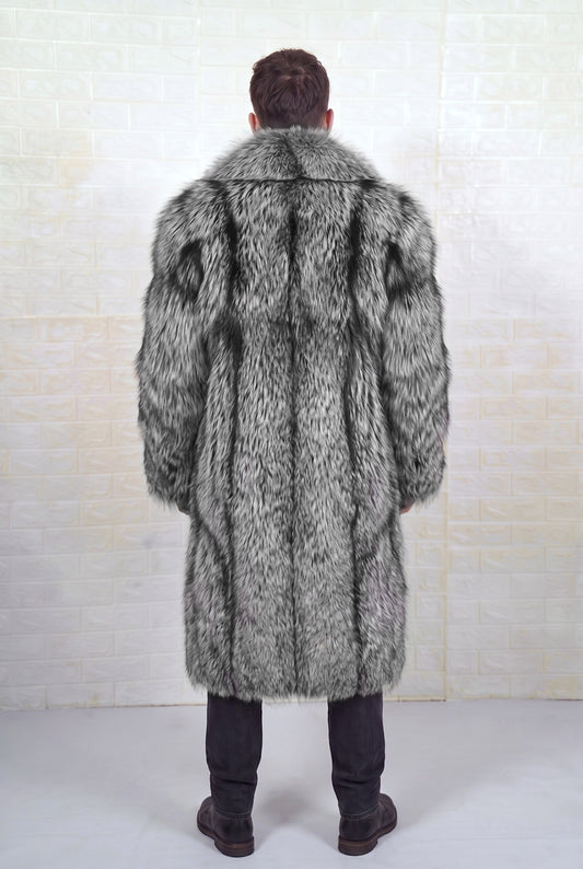 fox fur coat men natural silver shown from the back displaying full long silhouette and consistent natural silver fox, black base with silver-white tips pile — Greek craftsmanship, TatiFurs