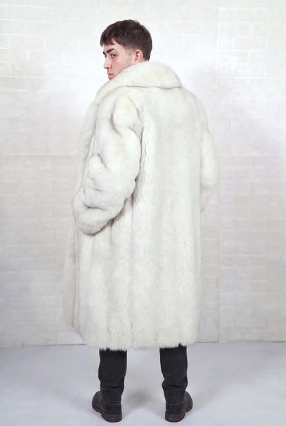 fox fur coat men blue natural three-quarter back view over the shoulder displaying natural blue fox, ivory-white underfur with a soft blue-grey veil at the tips fox fur — Greek craftsmanship, TatiFurs