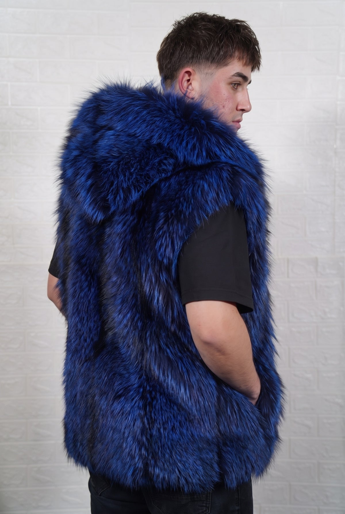 fox fur vest men blue black three-quarter back view over the shoulder displaying electric blue over jet black fox fur — Greek craftsmanship, TatiFurs