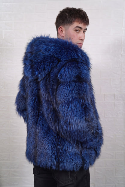 fox fur jacket men blue black three-quarter back view over the shoulder displaying electric blue over jet black fox fur — Greek craftsmanship, TatiFurs