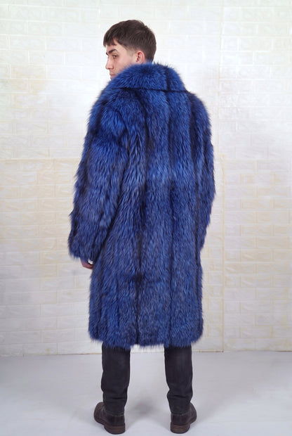 fox fur coat men blue black three-quarter back view over the shoulder displaying electric blue over jet black fox fur — Greek craftsmanship, TatiFurs