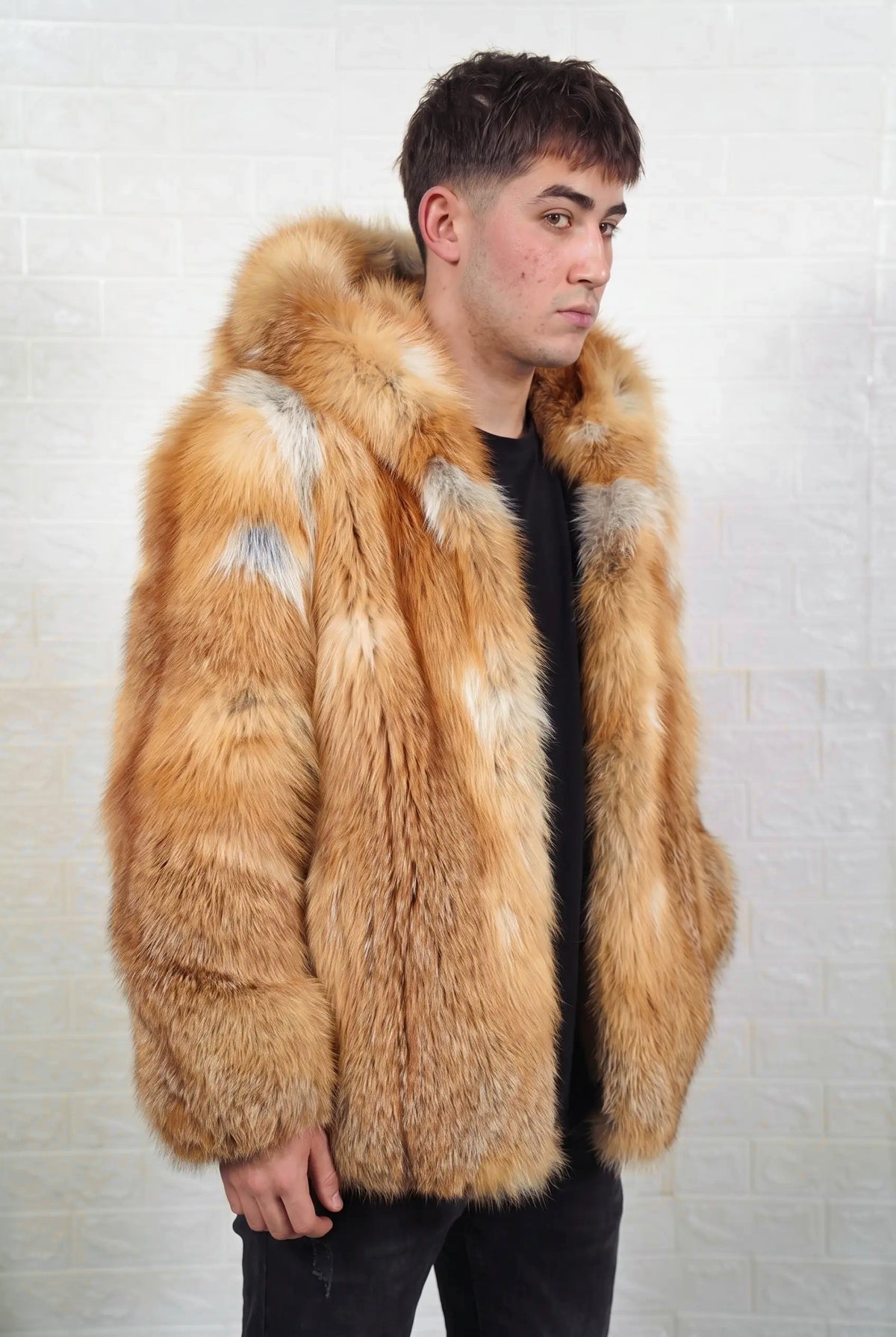 fox fur jacket men natural golden three-quarter back view over the shoulder displaying natural golden fox, warm amber-gold with cream and pale silver highlights fox fur — Greek craftsmanship, TatiFurs