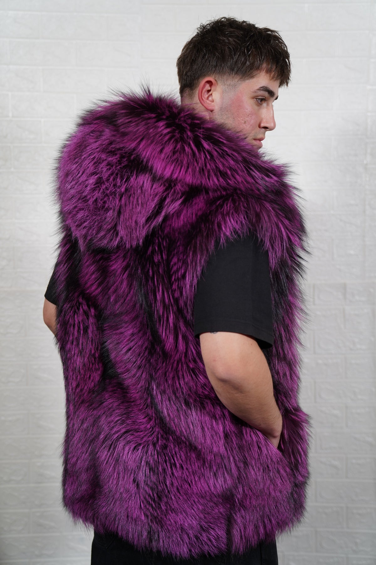 fox fur vest men purple black three-quarter back view over the shoulder displaying deep violet over jet black fox fur — Greek craftsmanship, TatiFurs
