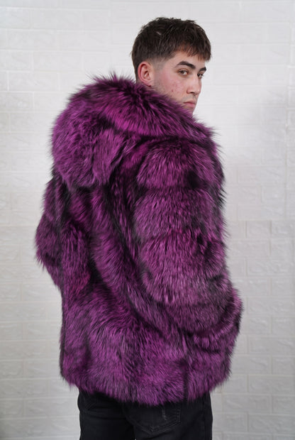 fox fur jacket men purple black three-quarter back view over the shoulder displaying deep violet over jet black fox fur — Greek craftsmanship, TatiFurs