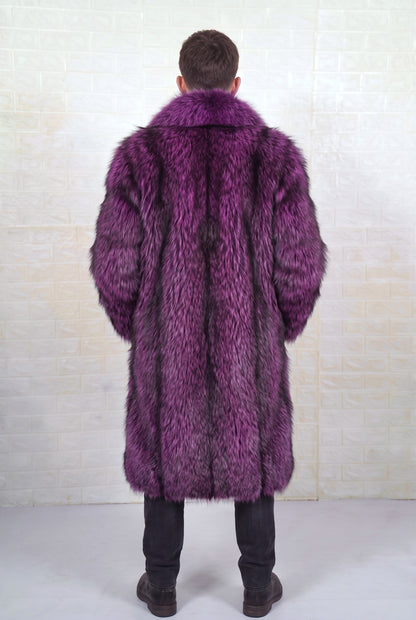 fox fur coat men purple black three-quarter back view over the shoulder displaying deep violet over jet black fox fur — Greek craftsmanship, TatiFurs