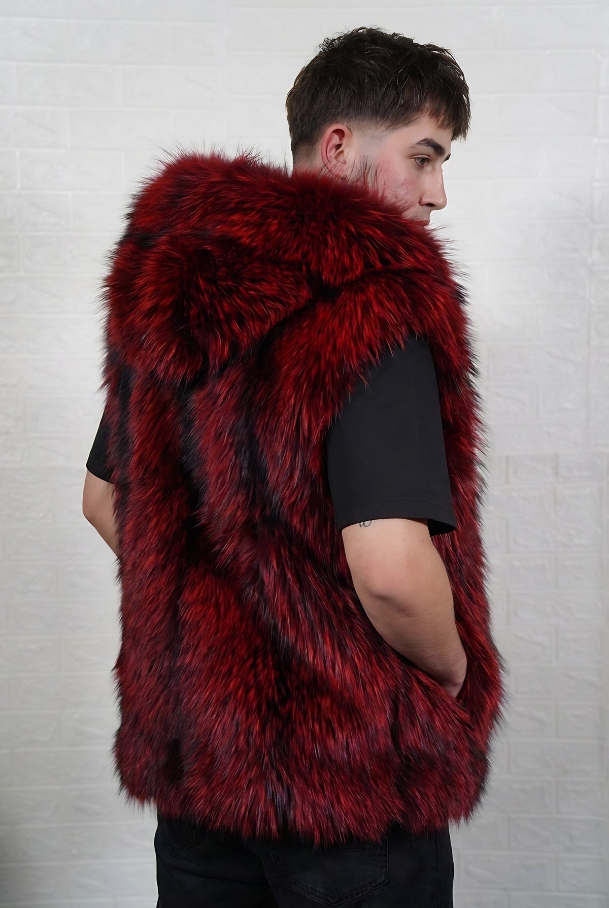 fox fur vest men red black three-quarter back view over the shoulder displaying deep crimson over jet black fox fur — Greek craftsmanship, TatiFurs