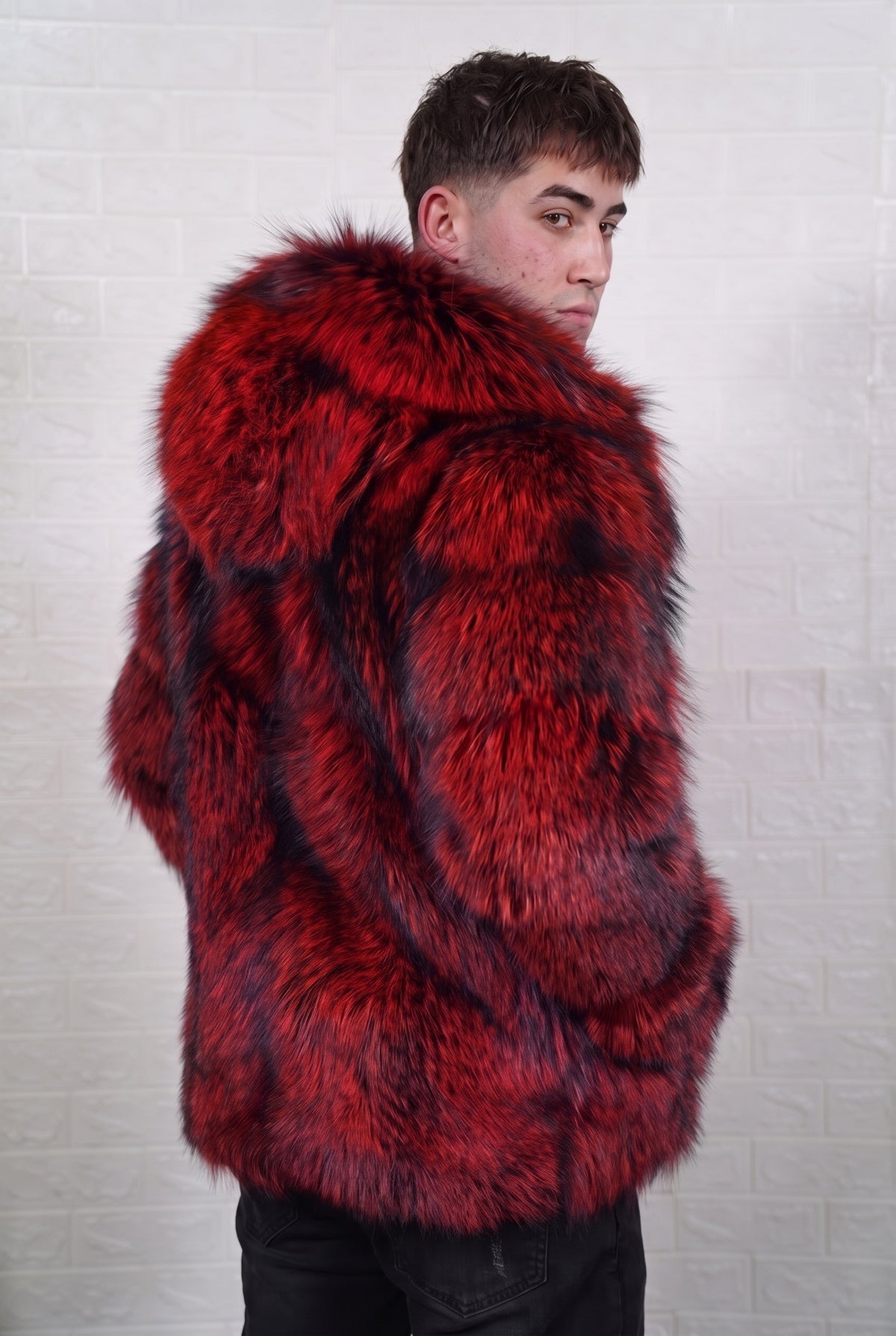 fox fur jacket men red black three-quarter back view over the shoulder displaying deep crimson over jet black fox fur — Greek craftsmanship, TatiFurs