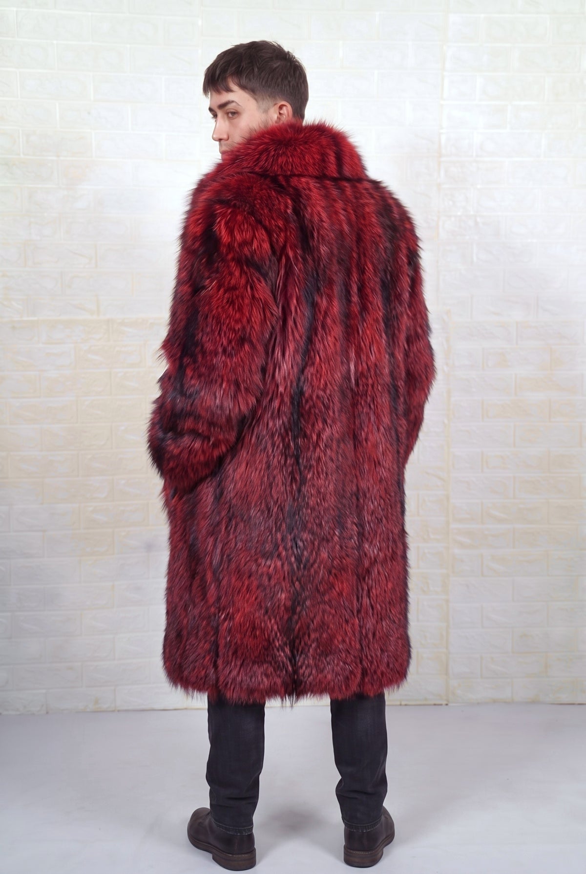 fox fur coat men red black three-quarter back view over the shoulder displaying deep crimson over jet black fox fur — Greek craftsmanship, TatiFurs