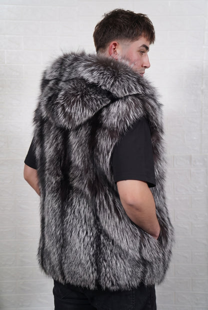 fox fur vest men natural silver three-quarter back view over the shoulder displaying natural silver fox, black base with silver-white tips fox fur — Greek craftsmanship, TatiFurs