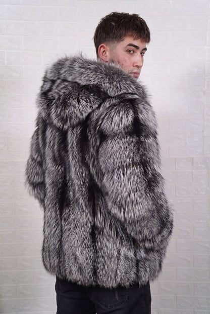 fox fur jacket men natural silver three-quarter back view over the shoulder displaying natural silver fox, black base with silver-white tips fox fur — Greek craftsmanship, TatiFurs