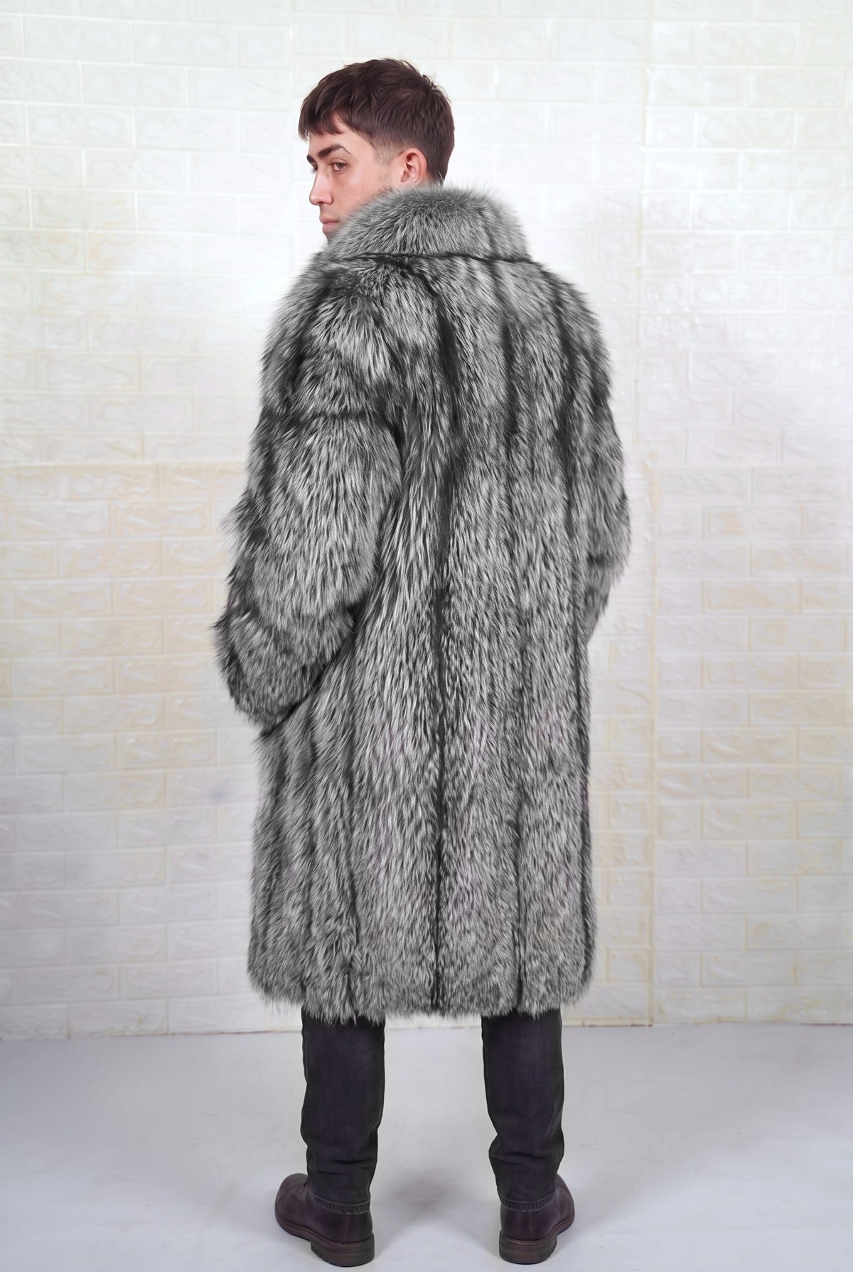fox fur coat men natural silver three-quarter back view over the shoulder displaying natural silver fox, black base with silver-white tips fox fur — Greek craftsmanship, TatiFurs