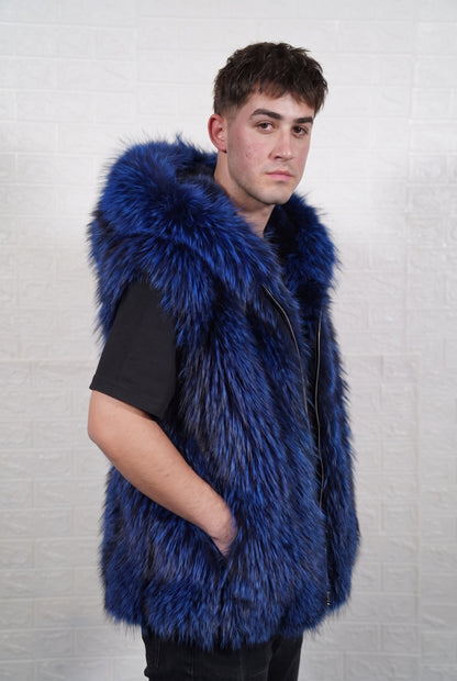fox fur vest men blue black three-quarter view displaying sleeveless vest and electric blue over jet black fox fur pile depth — TatiFurs
