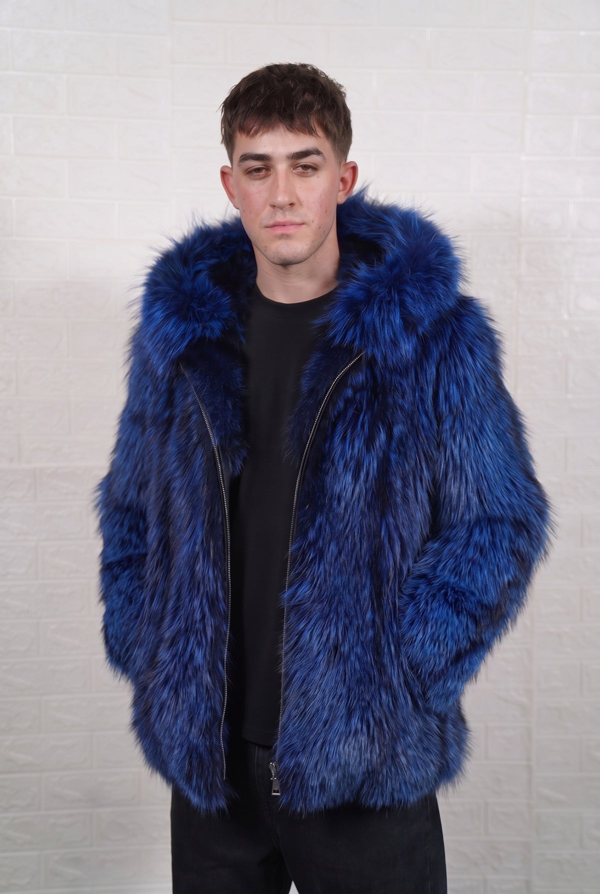 fox fur jacket men blue black three-quarter view displaying mid-length jacket and electric blue over jet black fox fur pile depth — TatiFurs