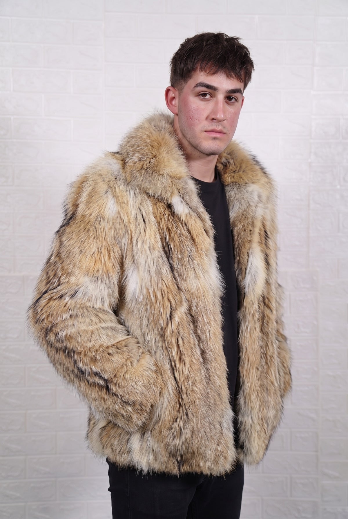 coyote fur jacket men three-quarter view displaying mid-length jacket and warm golden tan with cream and dark-tipped guard hairs coyote fur pile depth — TatiFurs