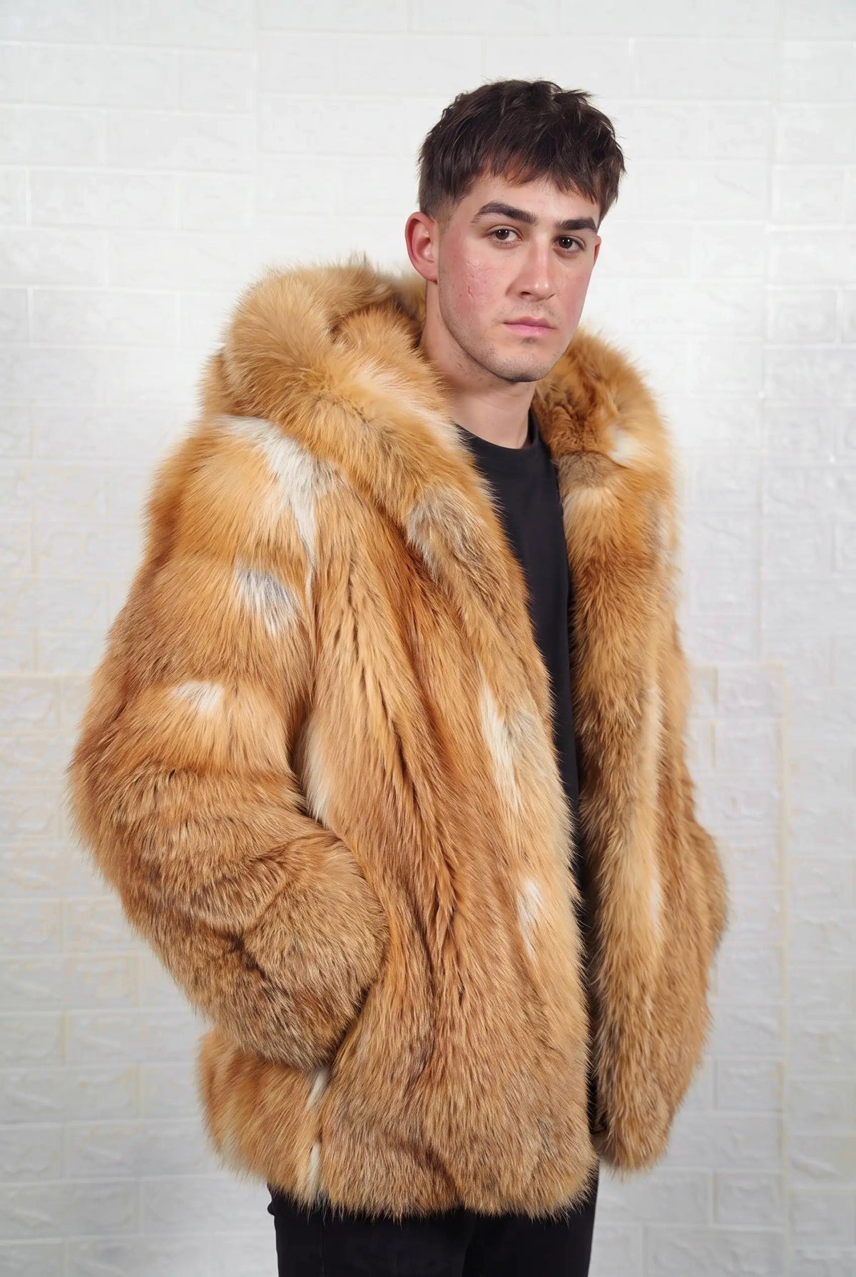 fox fur jacket men natural golden three-quarter view displaying mid-length jacket and natural golden fox, warm amber-gold with cream and pale silver highlights fox fur pile depth — TatiFurs