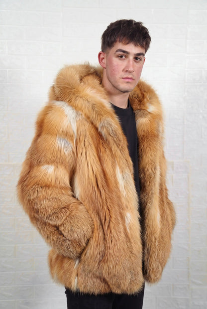fox fur jacket men natural golden three-quarter view displaying mid-length jacket and natural golden fox, warm amber-gold with cream and pale silver highlights fox fur pile depth — TatiFurs