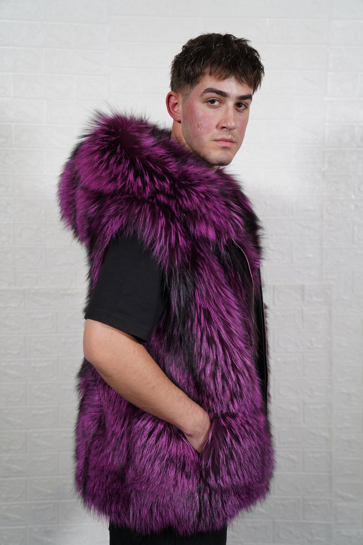 fox fur vest men purple black three-quarter view displaying sleeveless vest and deep violet over jet black fox fur pile depth — TatiFurs