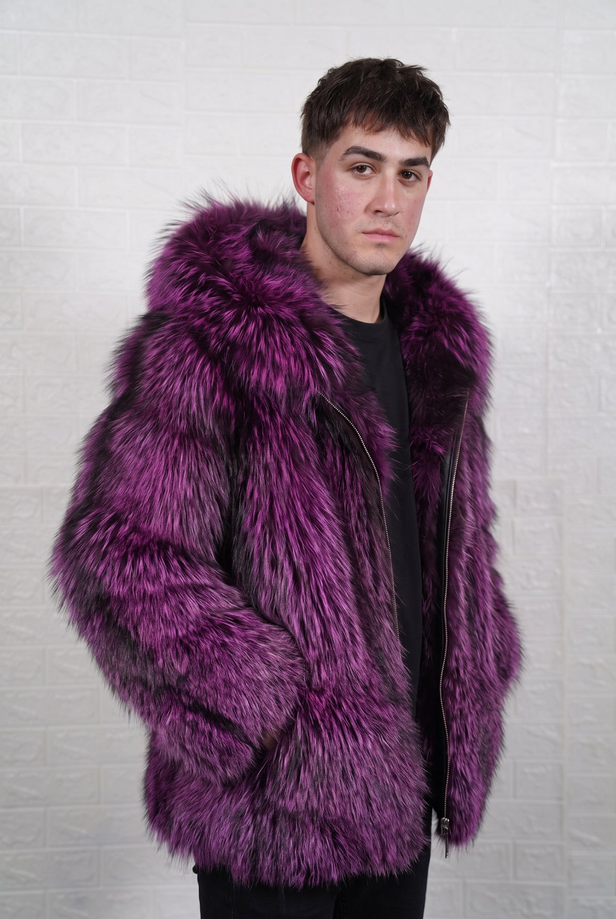 fox fur jacket men purple black three-quarter view displaying mid-length jacket and deep violet over jet black fox fur pile depth — TatiFurs