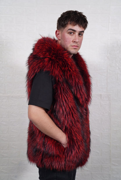 fox fur vest men red black three-quarter view displaying sleeveless vest and deep crimson over jet black fox fur pile depth — TatiFurs