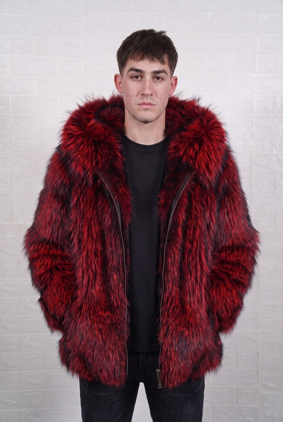 fox fur jacket men red black three-quarter view displaying mid-length jacket and deep crimson over jet black fox fur pile depth — TatiFurs
