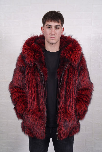fox fur jacket men red black three-quarter view displaying mid-length jacket and deep crimson over jet black fox fur pile depth — TatiFurs
