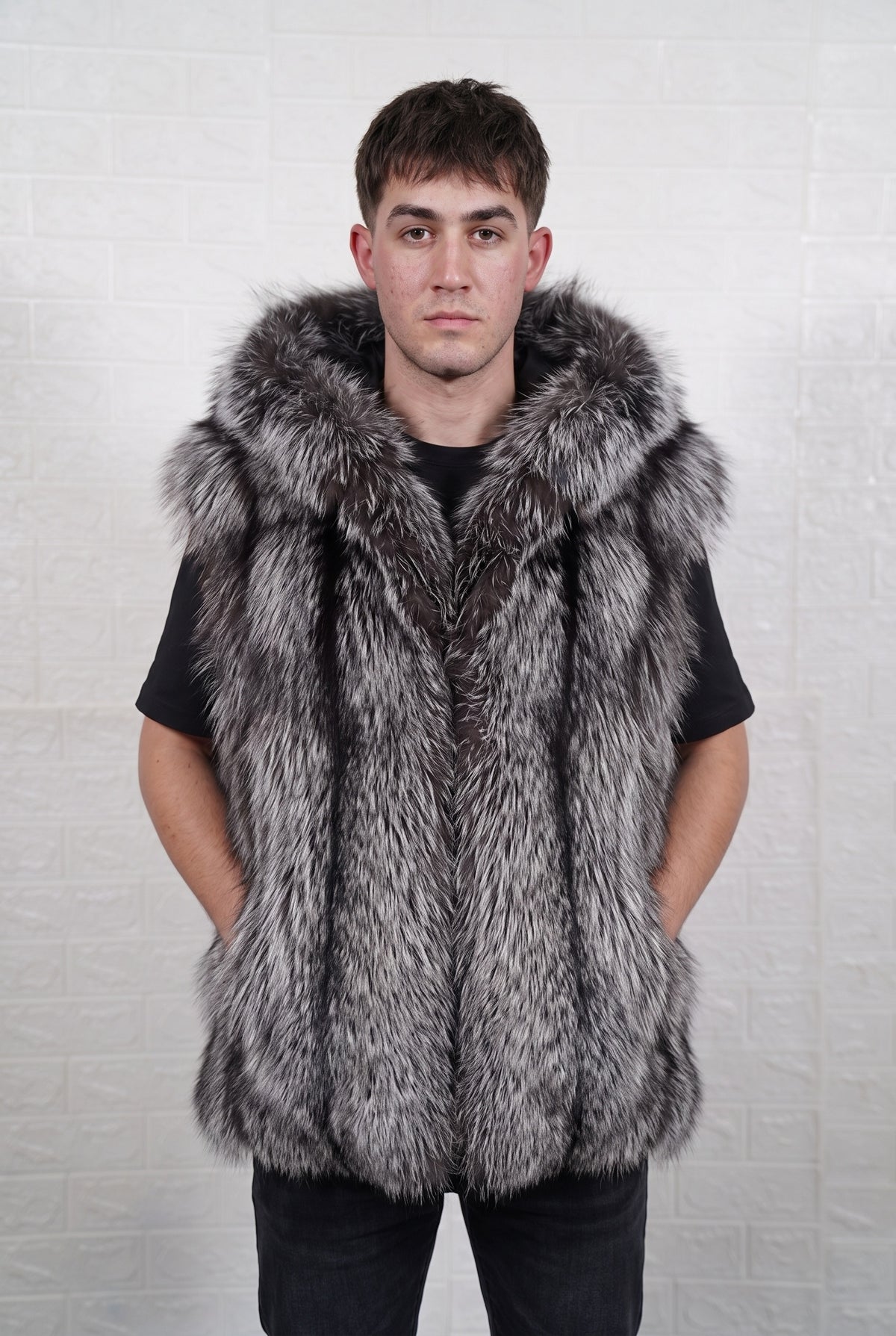 fox fur vest men natural silver three-quarter view displaying sleeveless vest and natural silver fox, black base with silver-white tips fox fur pile depth — TatiFurs
