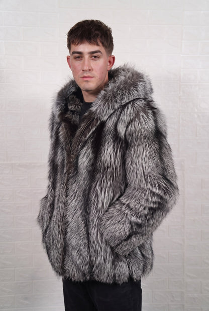 fox fur jacket men natural silver three-quarter view displaying mid-length jacket and natural silver fox, black base with silver-white tips fox fur pile depth — TatiFurs