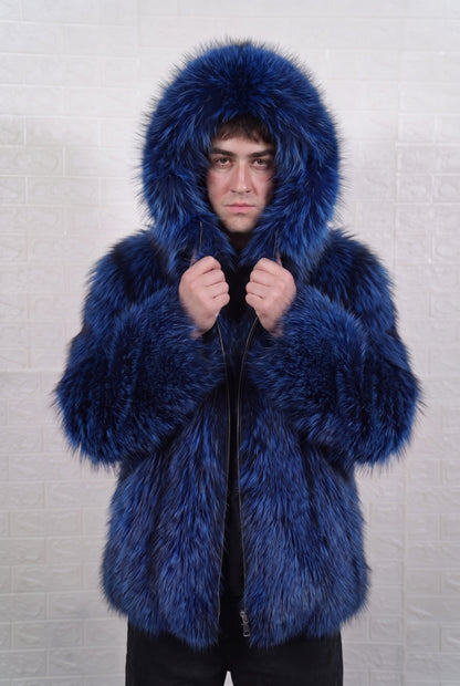 fox fur jacket men blue black worn with the fur hood up framing the face in electric blue over jet black fox fur — TatiFurs
