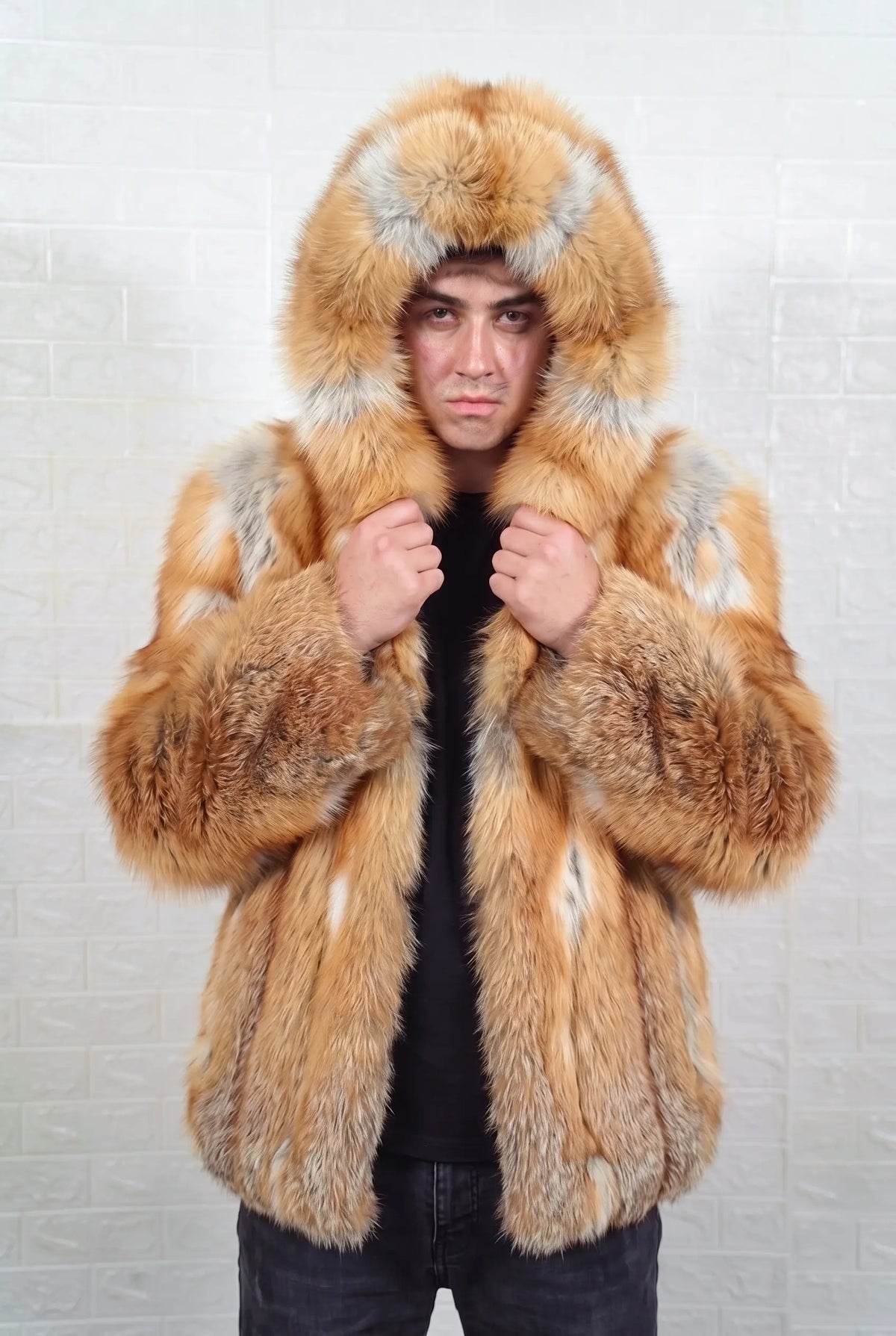 fox fur jacket men natural golden worn with the fur hood up framing the face in natural golden fox, warm amber-gold with cream and pale silver highlights fox fur — TatiFurs