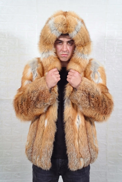 fox fur jacket men natural golden worn with the fur hood up framing the face in natural golden fox, warm amber-gold with cream and pale silver highlights fox fur — TatiFurs
